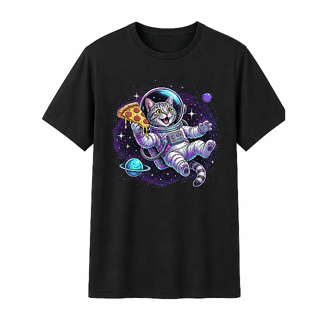 shopfsclothing Men's Cosmic Pizza Cat Graphic T-Shirt - Space Cat Art