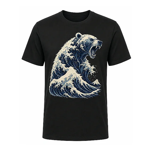 shopfsclothing Men's Ocean Bear Print T-Shirt - Ukiyo-E Streetwear Art