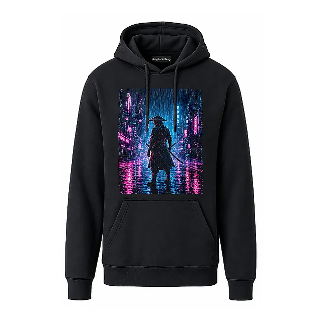 shopfsclothing Men's Neon Ronin Print Hoodie - Cyberpunk Streetwear