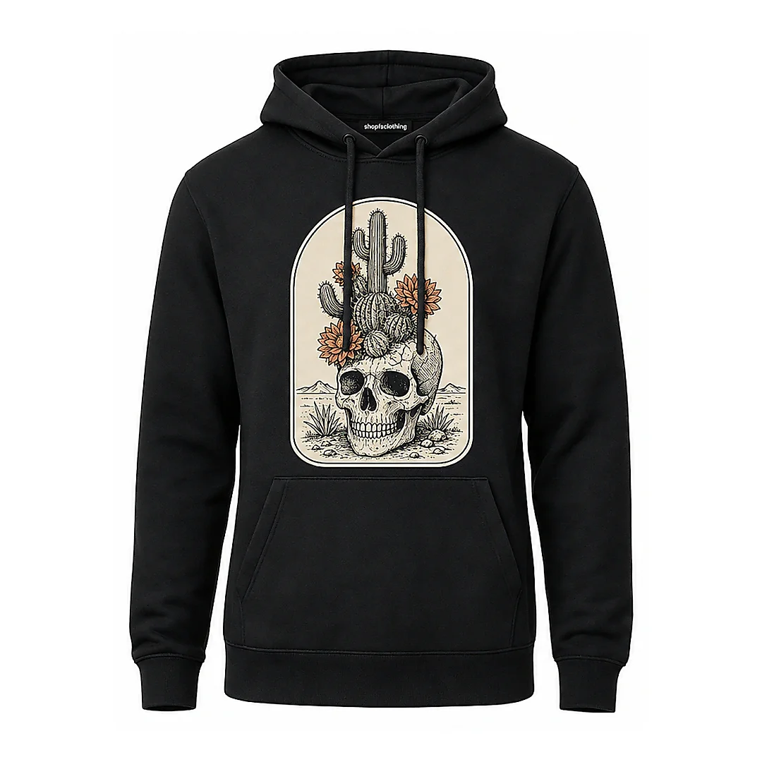 shopfsclothing Men's Desert Bloom Skull Graphic Hoodie - Western Cactus Art