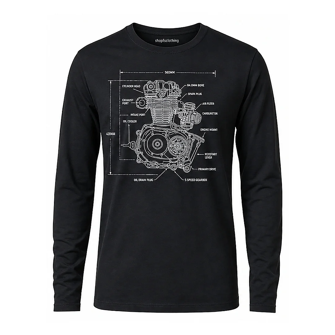 shopfsclothing Men's Engine Blueprint Graphic Long Sleeve - Garage Mechanic Gift