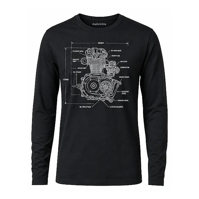 shopfsclothing Men's Engine Blueprint Graphic Long Sleeve - Garage Mechanic Gift