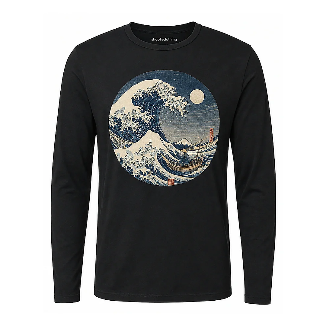 shopfsclothing Men's Moonlit Wave Graphic Long Sleeve - Japanese Art Aesthetic