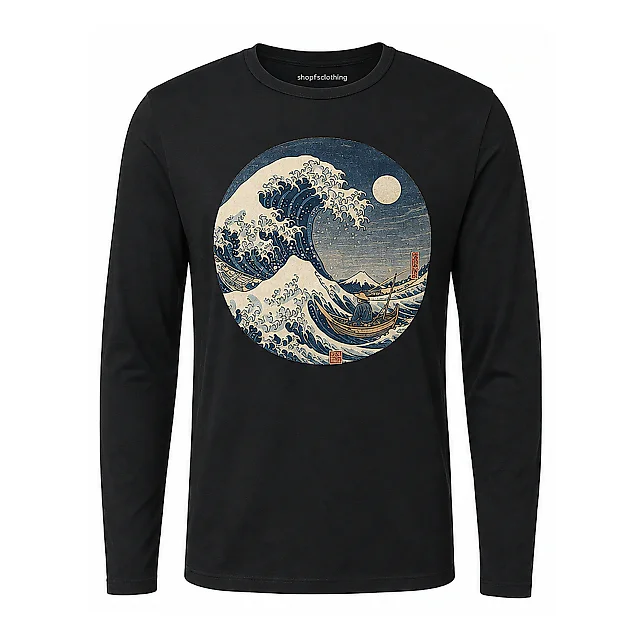 shopfsclothing Men's Moonlit Wave Graphic Long Sleeve - Japanese Art Aesthetic