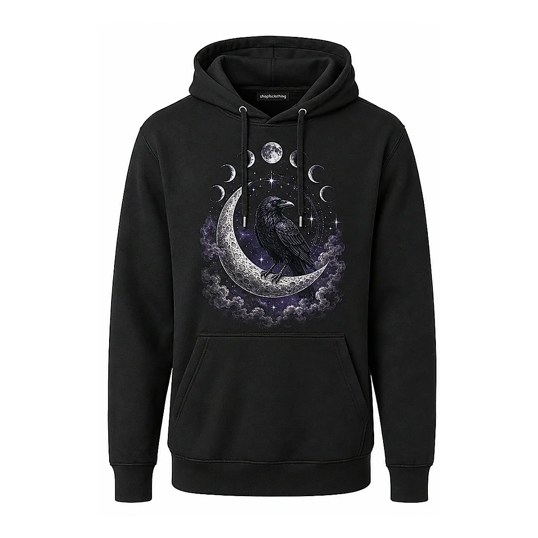 shopfsclothing Men's Lunar Raven Graphic Hoodie - Gothic Celestial Art