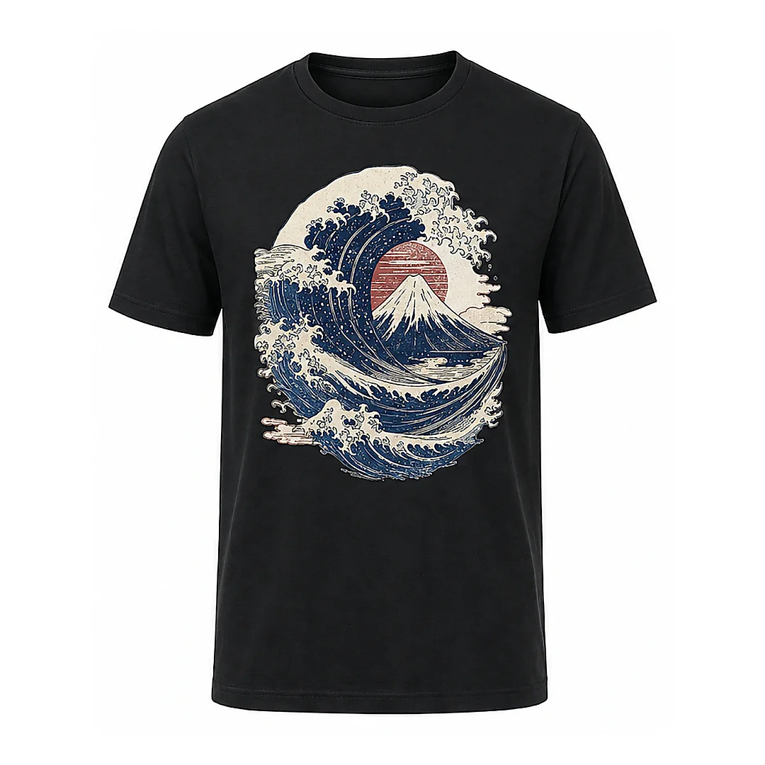 shopfsclothing Men's Ukiyo Wave Mountain Graphic T-Shirt - Japanese Art Aesthetic