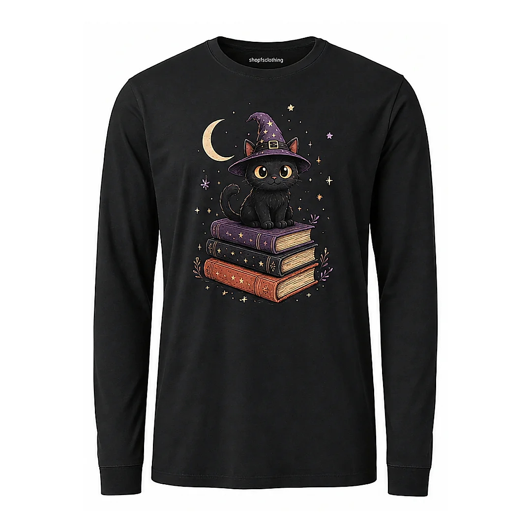 shopfsclothing Men's Wizard Cat Graphic Long Sleeve - Spooky Cute Book Lover Style