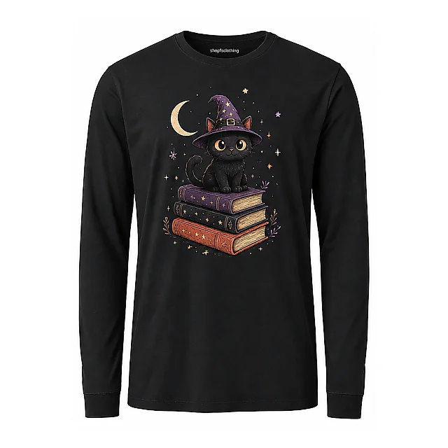 shopfsclothing Men's Wizard Cat Graphic Long Sleeve - Spooky Cute Book Lover Style