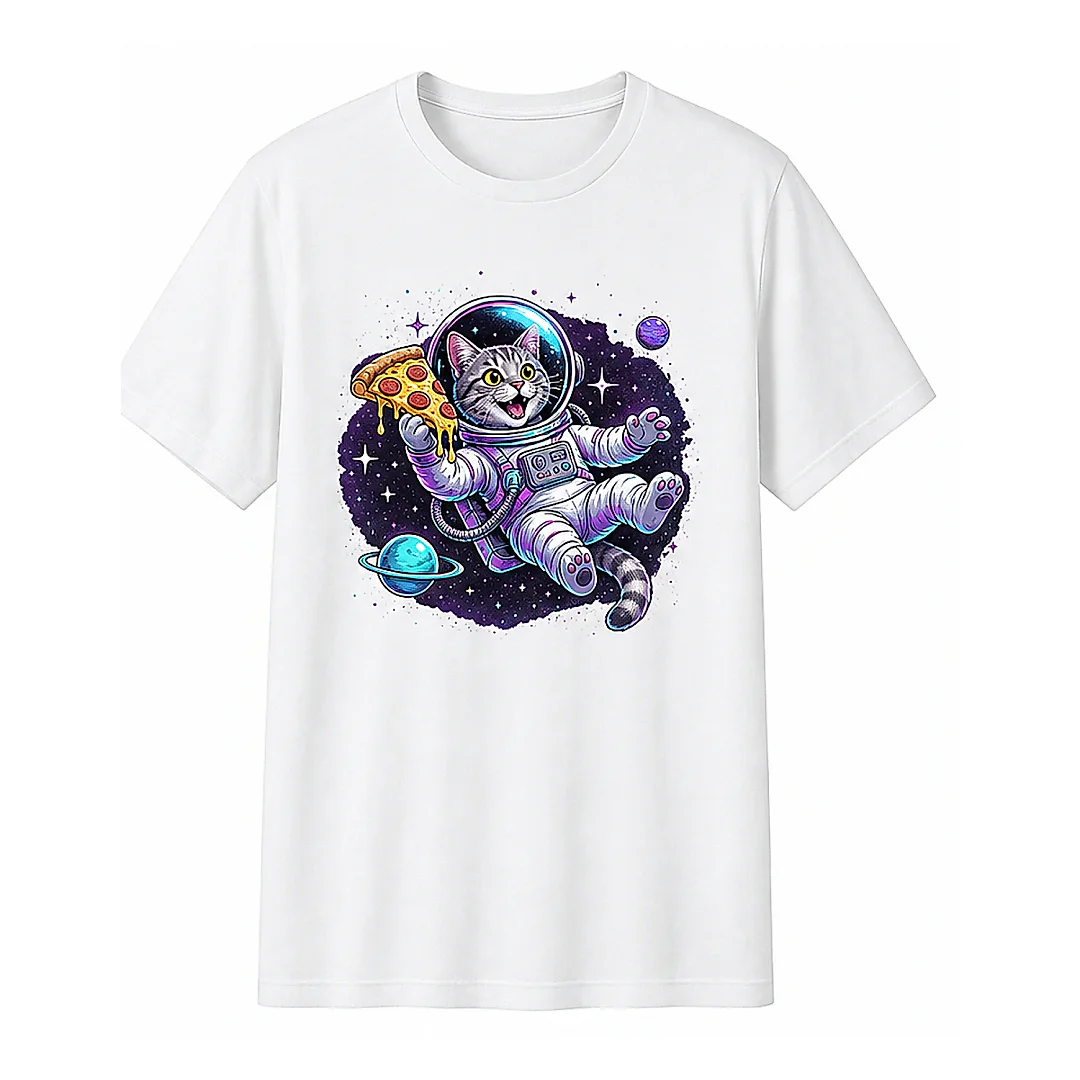 shopfsclothing Men's Cosmic Pizza Cat Graphic T-Shirt - Space Cat Art