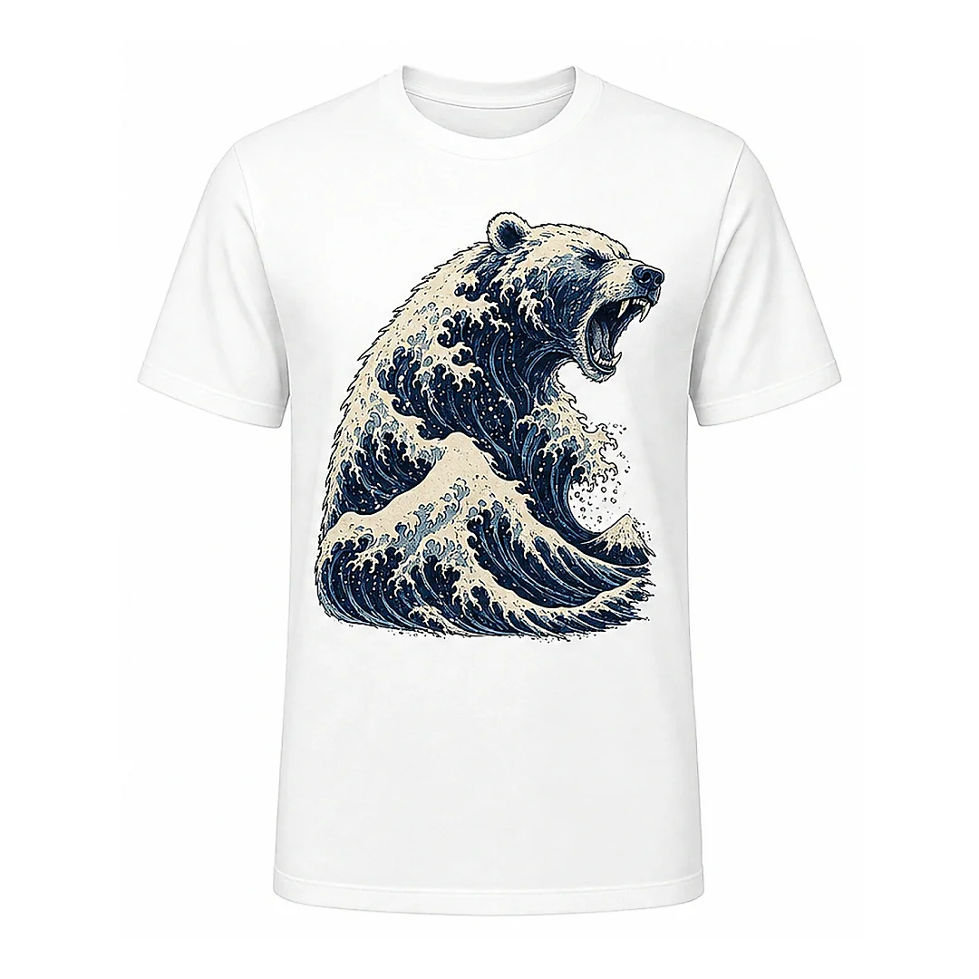 shopfsclothing Men's Ocean Bear Print T-Shirt - Ukiyo-E Streetwear Art
