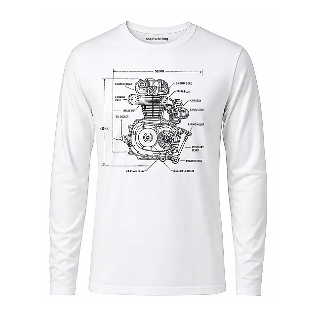 shopfsclothing Men's Engine Blueprint Graphic Long Sleeve - Garage Mechanic Gift