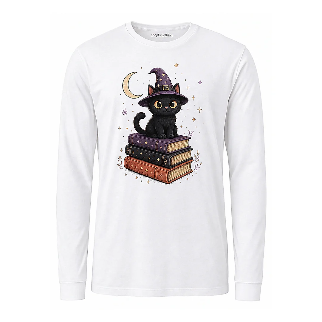 shopfsclothing Men's Wizard Cat Graphic Long Sleeve - Spooky Cute Book Lover Style