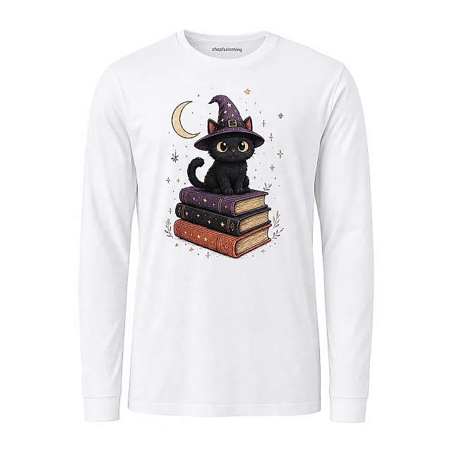 shopfsclothing Men's Wizard Cat Graphic Long Sleeve - Spooky Cute Book Lover Style