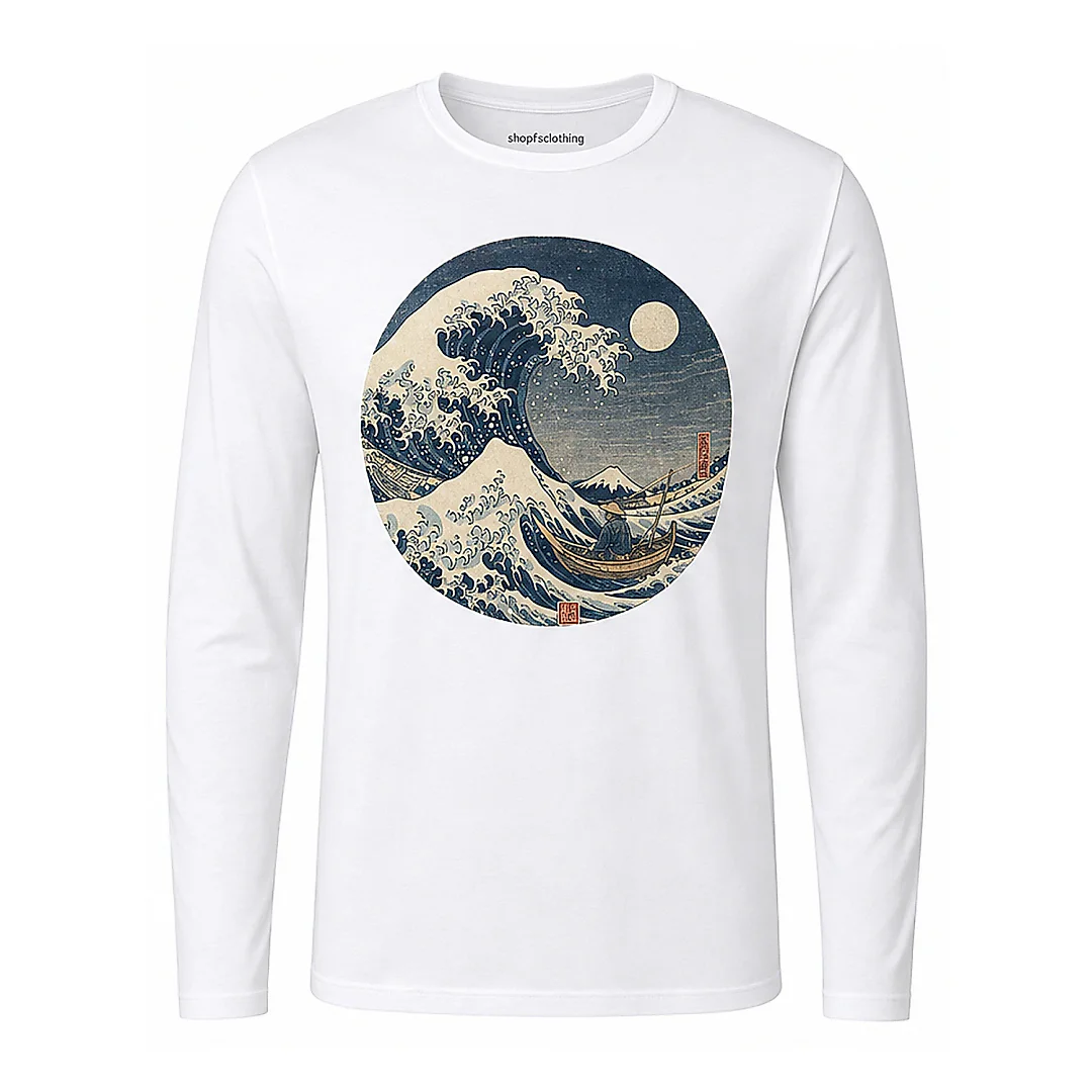 shopfsclothing Men's Moonlit Wave Graphic Long Sleeve - Japanese Art Aesthetic