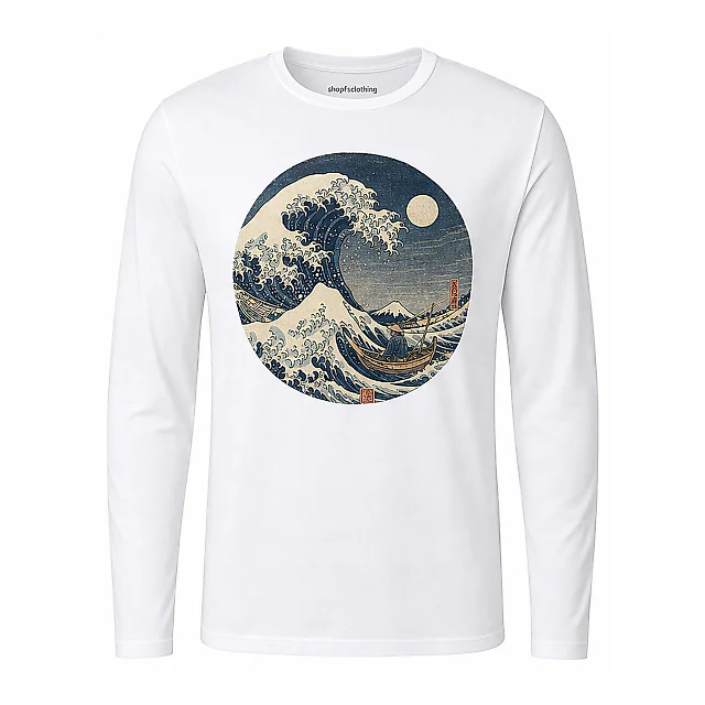 shopfsclothing Men's Moonlit Wave Graphic Long Sleeve - Japanese Art Aesthetic